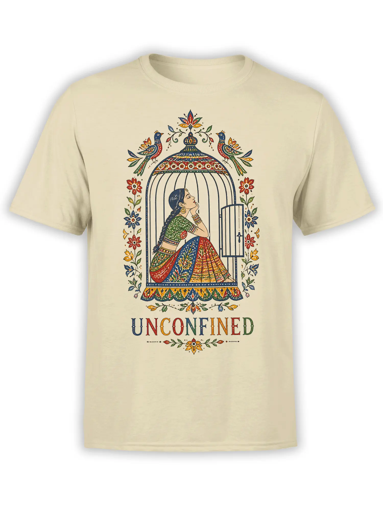 Beige T-shirt with a colorful woman in an ornate open birdcage and UNCONFINED lettering