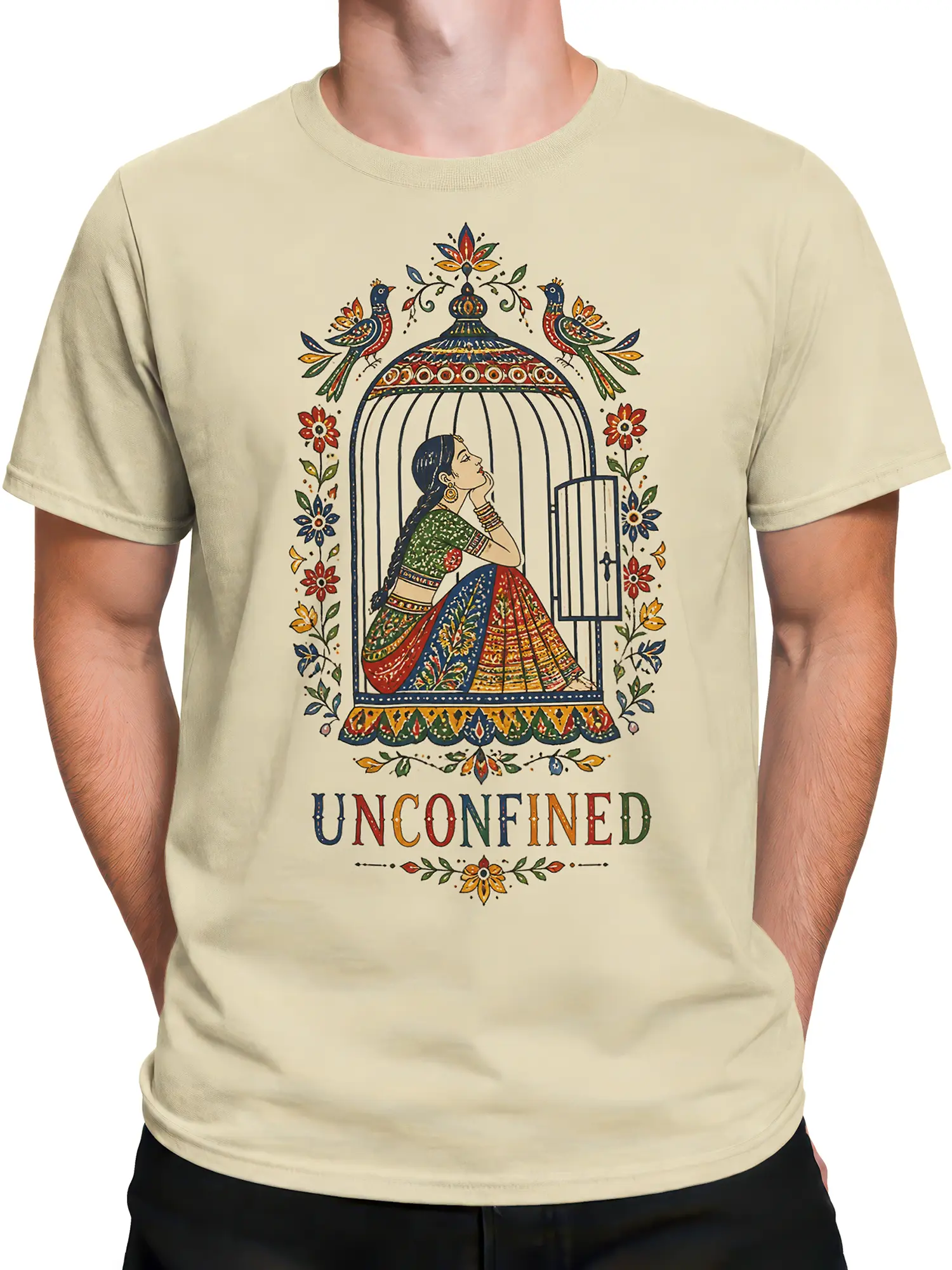 Male torso wearing a beige T-shirt with colorful birdcage woman artwork and UNCONFINED lettering