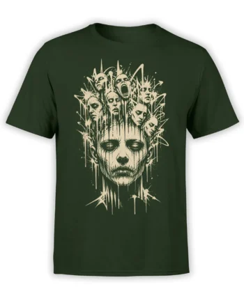 Dark green horror T-shirt with distressed cream artwork showing multiple intense faces and dripping abstract lines