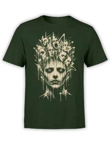 Dark green horror T-shirt with distressed cream artwork showing multiple intense faces and dripping abstract lines