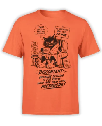 Discontent black cat in an armchair with sarcastic signs and mug on an orange cat T-shirt