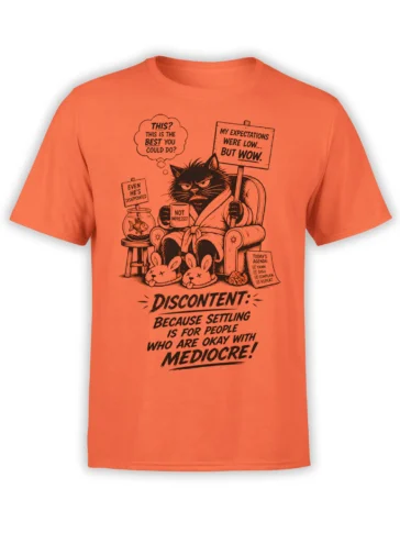 Discontent black cat in an armchair with sarcastic signs and mug on an orange cat T-shirt