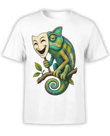 White T-shirt with a colorful chameleon perched on a branch and holding a smiling theater mask