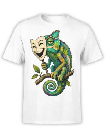 White T-shirt with a colorful chameleon perched on a branch and holding a smiling theater mask