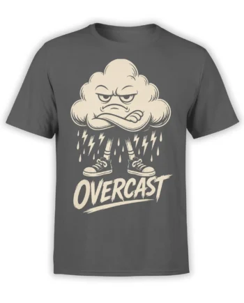 Gray T-shirt with a grumpy cloud character, rain, lightning bolts, sneakers, and bold OVERCAST text