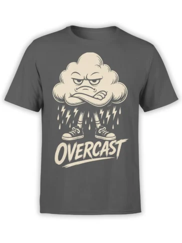 Gray T-shirt with a grumpy cloud character, rain, lightning bolts, sneakers, and bold OVERCAST text