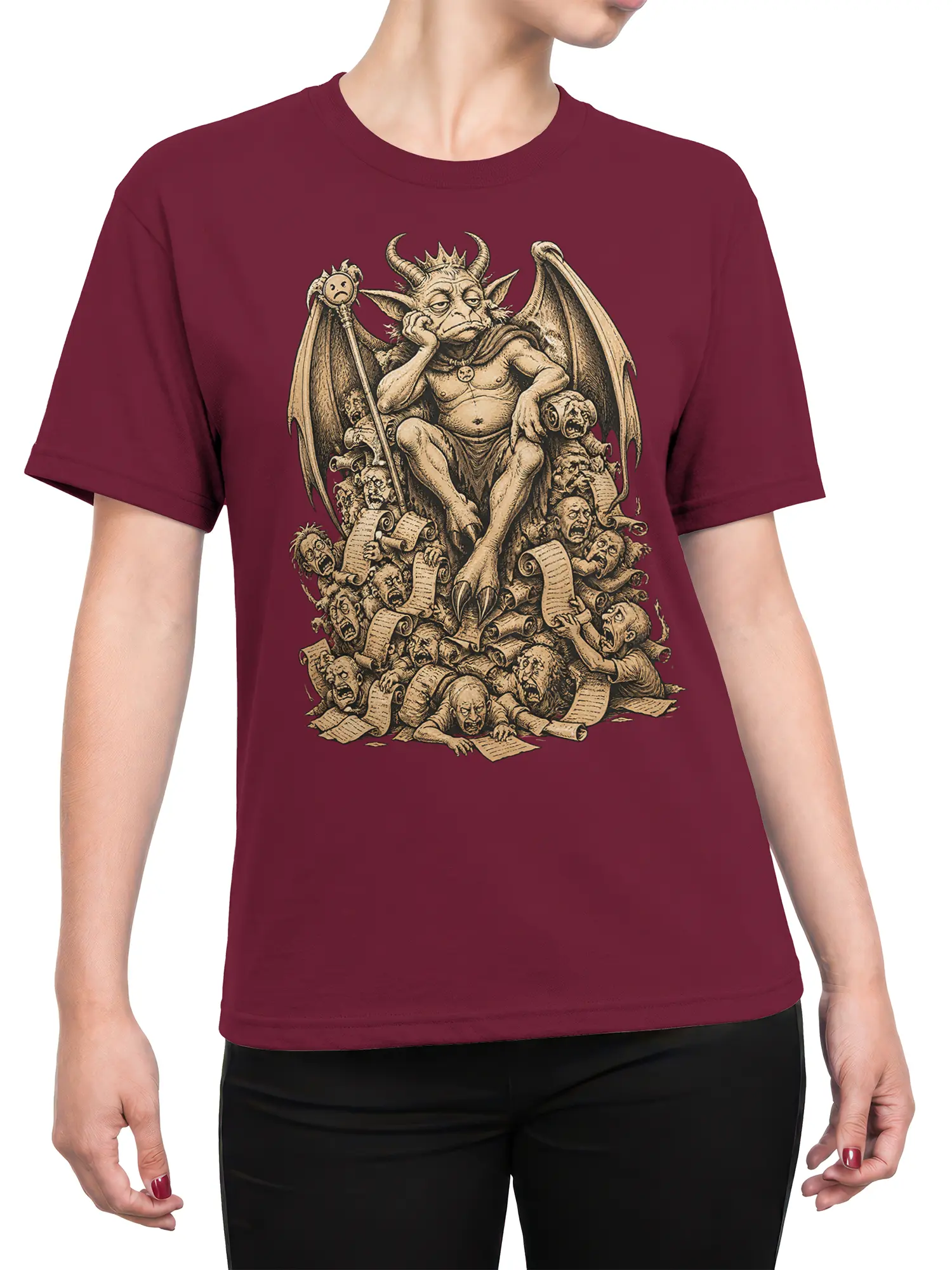 Female torso wearing a maroon T-shirt with a detailed crowned horned creature and gothic fantasy throne artwork