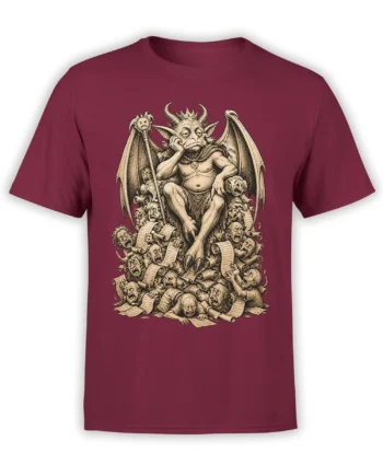 Maroon T-shirt with a crowned horned winged creature, sword, scrolls, and distressed figures in gothic artwork