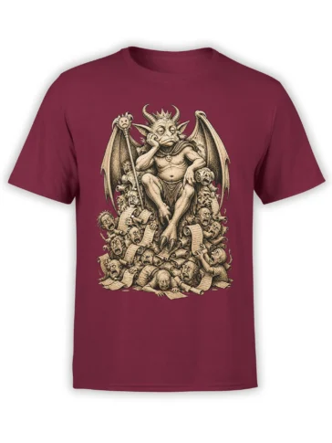 Maroon T-shirt with a crowned horned winged creature, sword, scrolls, and distressed figures in gothic artwork