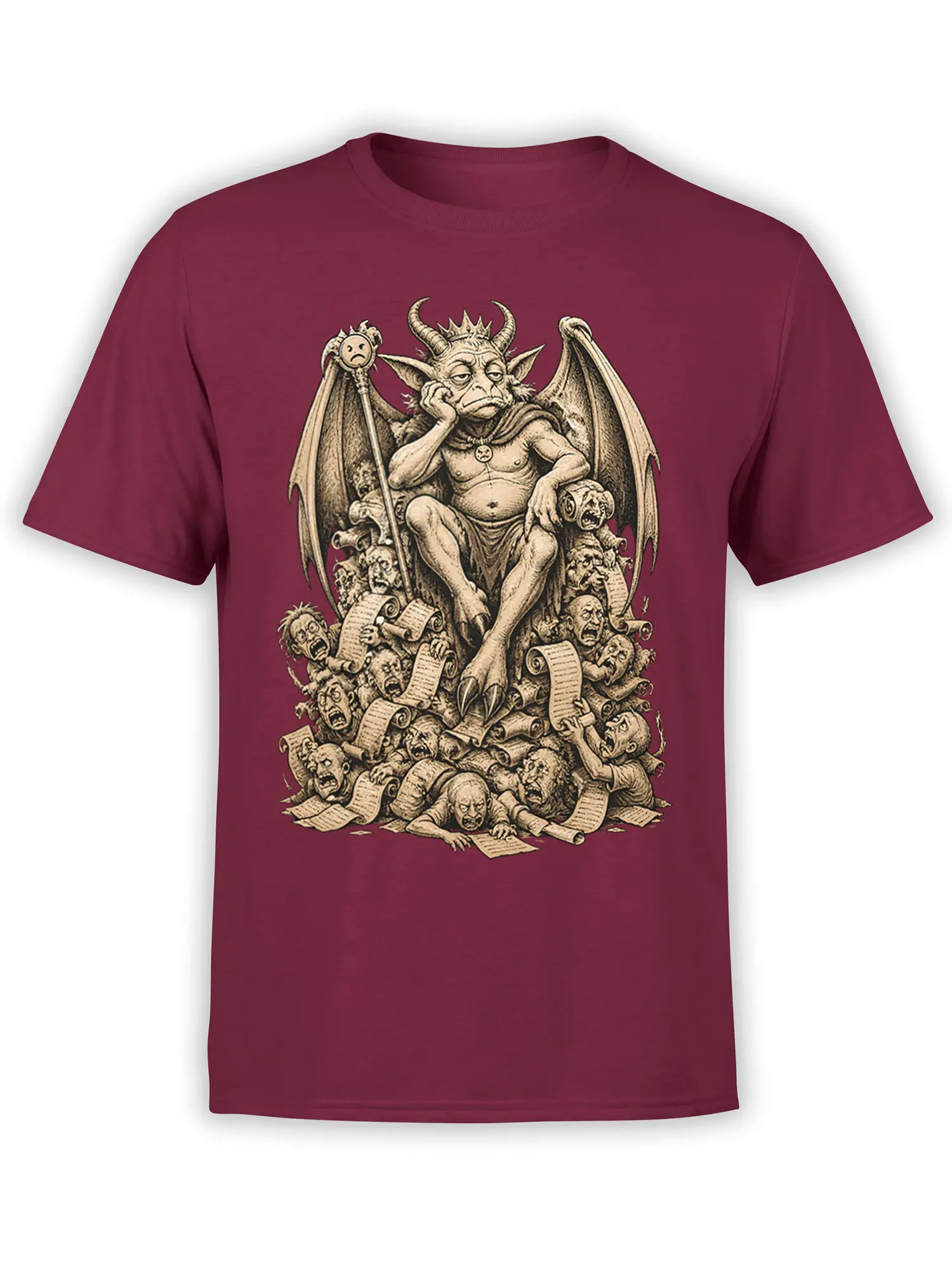 Maroon T-shirt with a crowned horned winged creature, sword, scrolls, and distressed figures in gothic artwork
