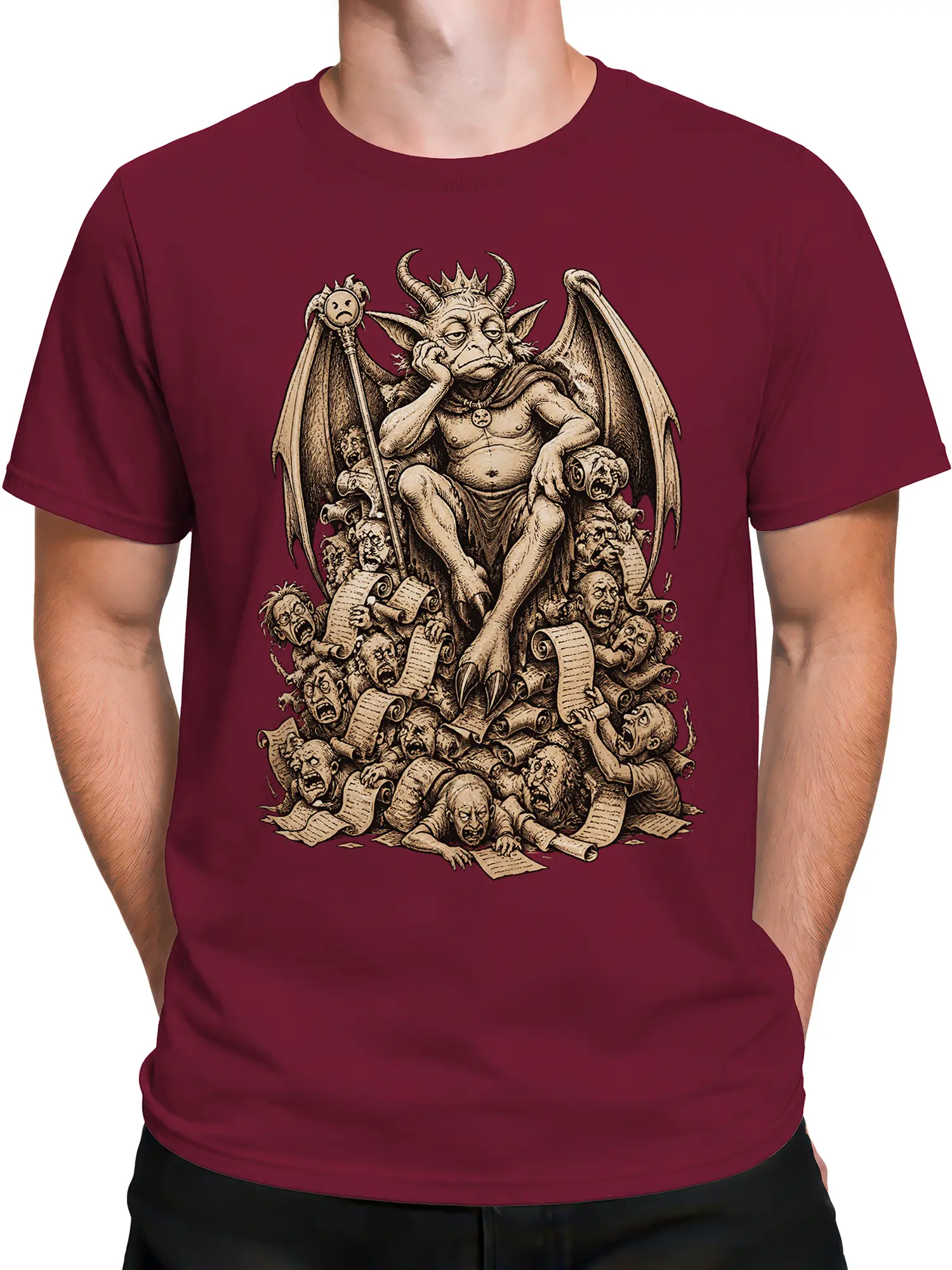 Male torso wearing a maroon T-shirt with crowned horned creature and vintage gothic fantasy artwork