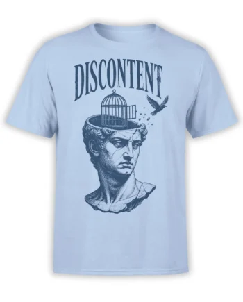 Light blue history T-shirt with classical bust, open birdcage, flying bird, and DISCONTENT lettering