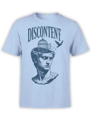 Light blue history T-shirt with classical bust, open birdcage, flying bird, and DISCONTENT lettering