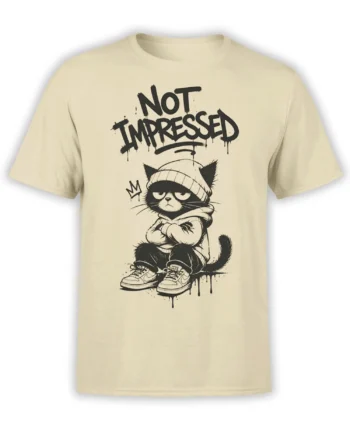 Grumpy cartoon cat in a beanie and hoodie with Not Impressed lettering on a beige T-shirt
