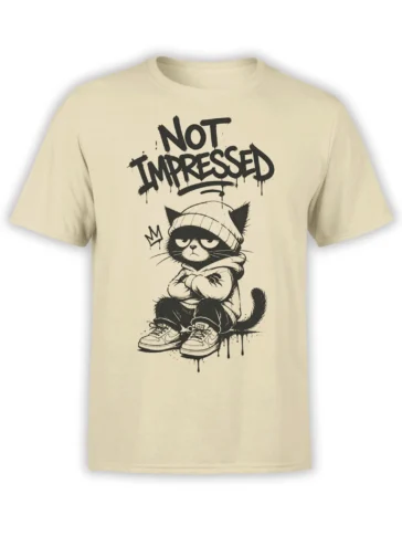 Grumpy cartoon cat in a beanie and hoodie with Not Impressed lettering on a beige T-shirt