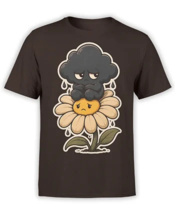 Brown T-shirt with a sad gray cloud sitting on a worried yellow flower surrounded by raindrops