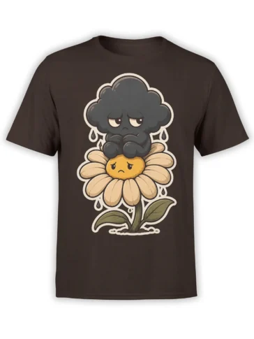Brown T-shirt with a sad gray cloud sitting on a worried yellow flower surrounded by raindrops