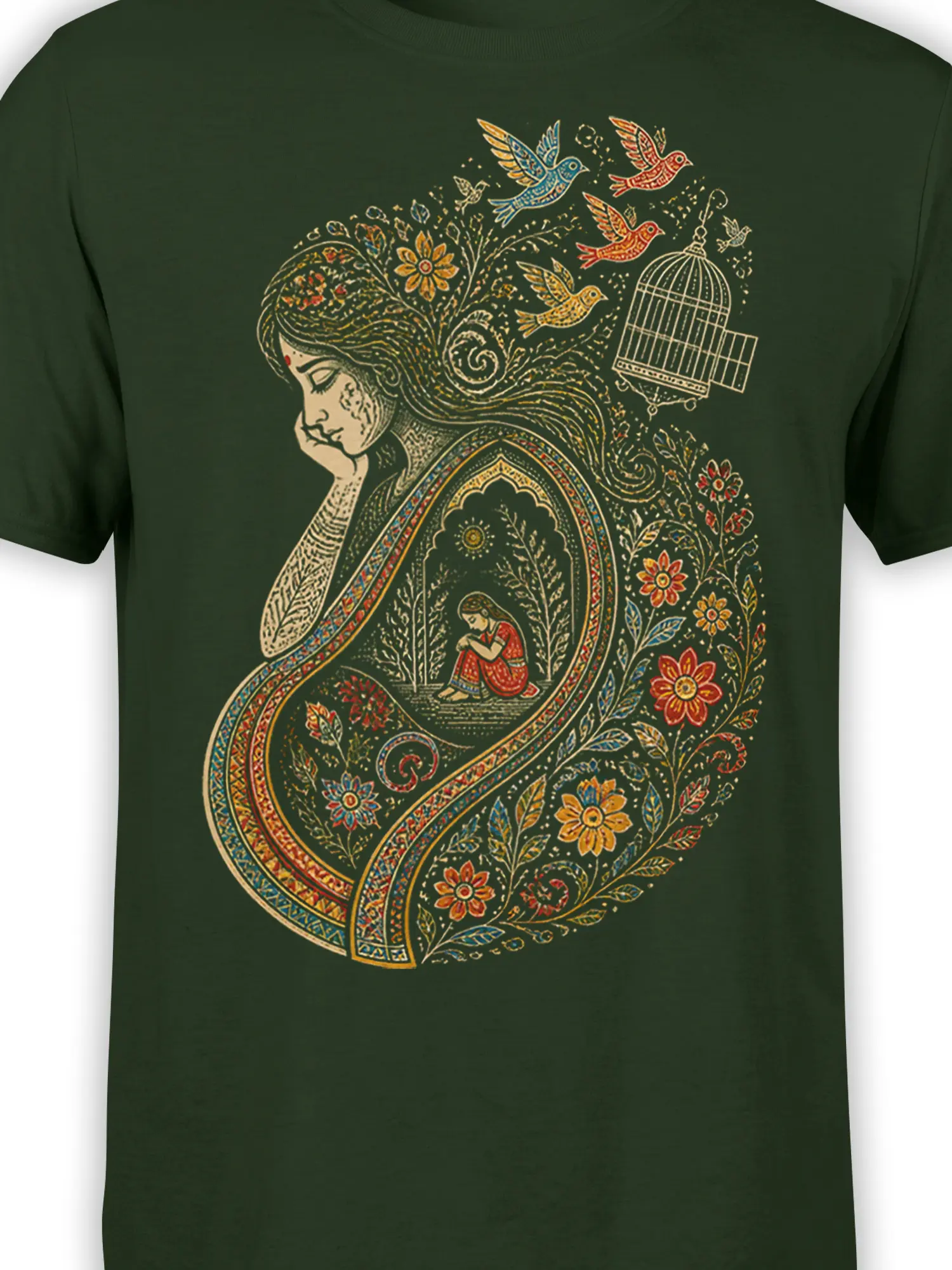 Close-up of dreamy woman and colorful birds in ornate floral paisley artwork on a green T-shirt