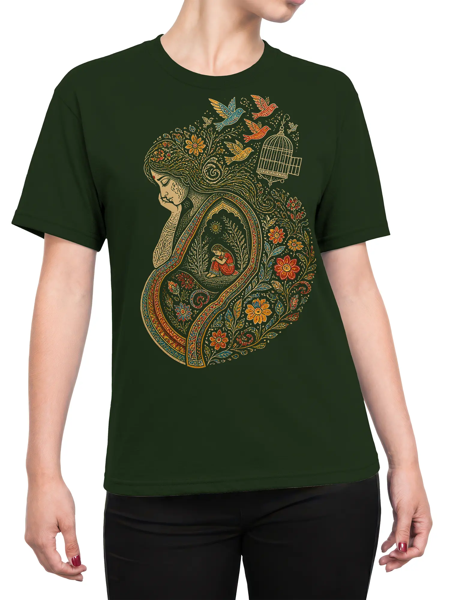 Female torso wearing a deep green T-shirt with ornate woman, bird, floral, and birdcage artwork