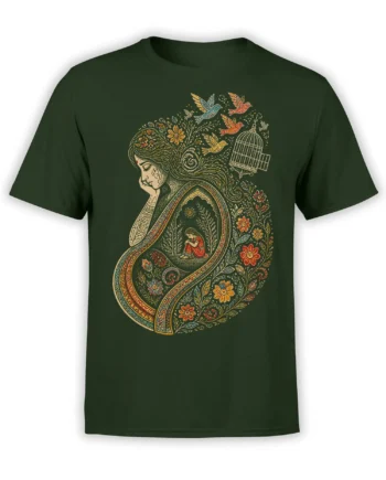 Deep green T-shirt with ornate dreamy woman, floral paisley artwork, flying birds, and a birdcage