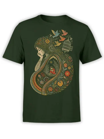 Deep green T-shirt with ornate dreamy woman, floral paisley artwork, flying birds, and a birdcage