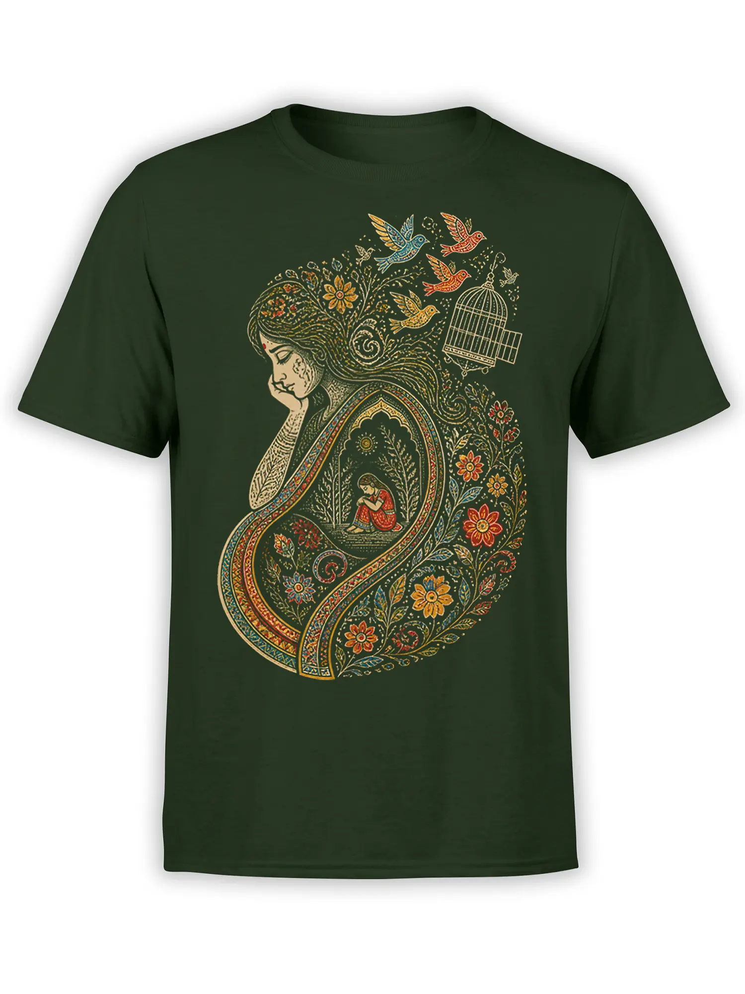 Deep green T-shirt with ornate dreamy woman, floral paisley artwork, flying birds, and a birdcage