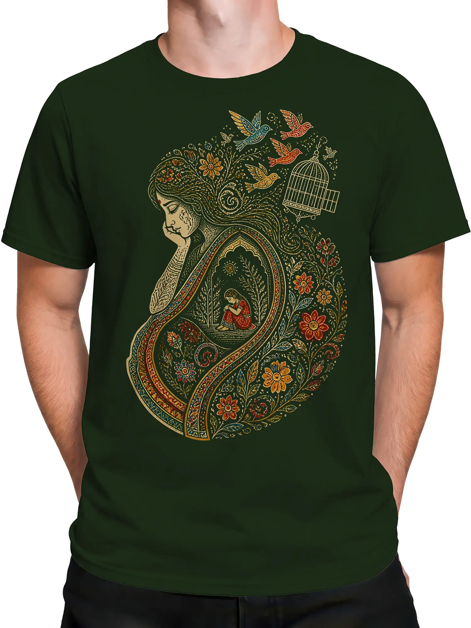 Male torso wearing a deep green T-shirt with dreamy woman, flying birds, flowers, and birdcage artwork
