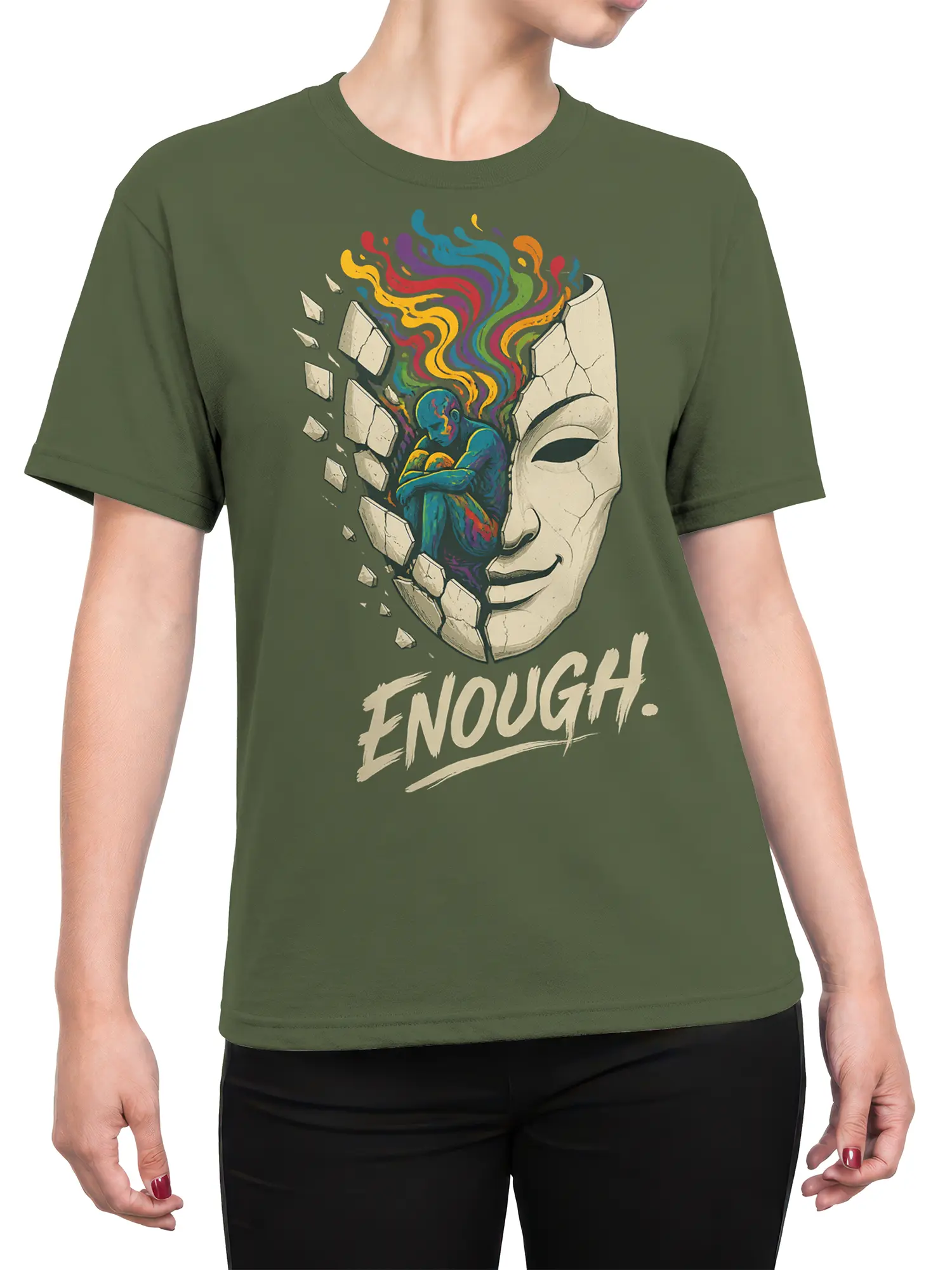 Female torso wearing an olive green T-shirt with cracked face and colorful inner figure design