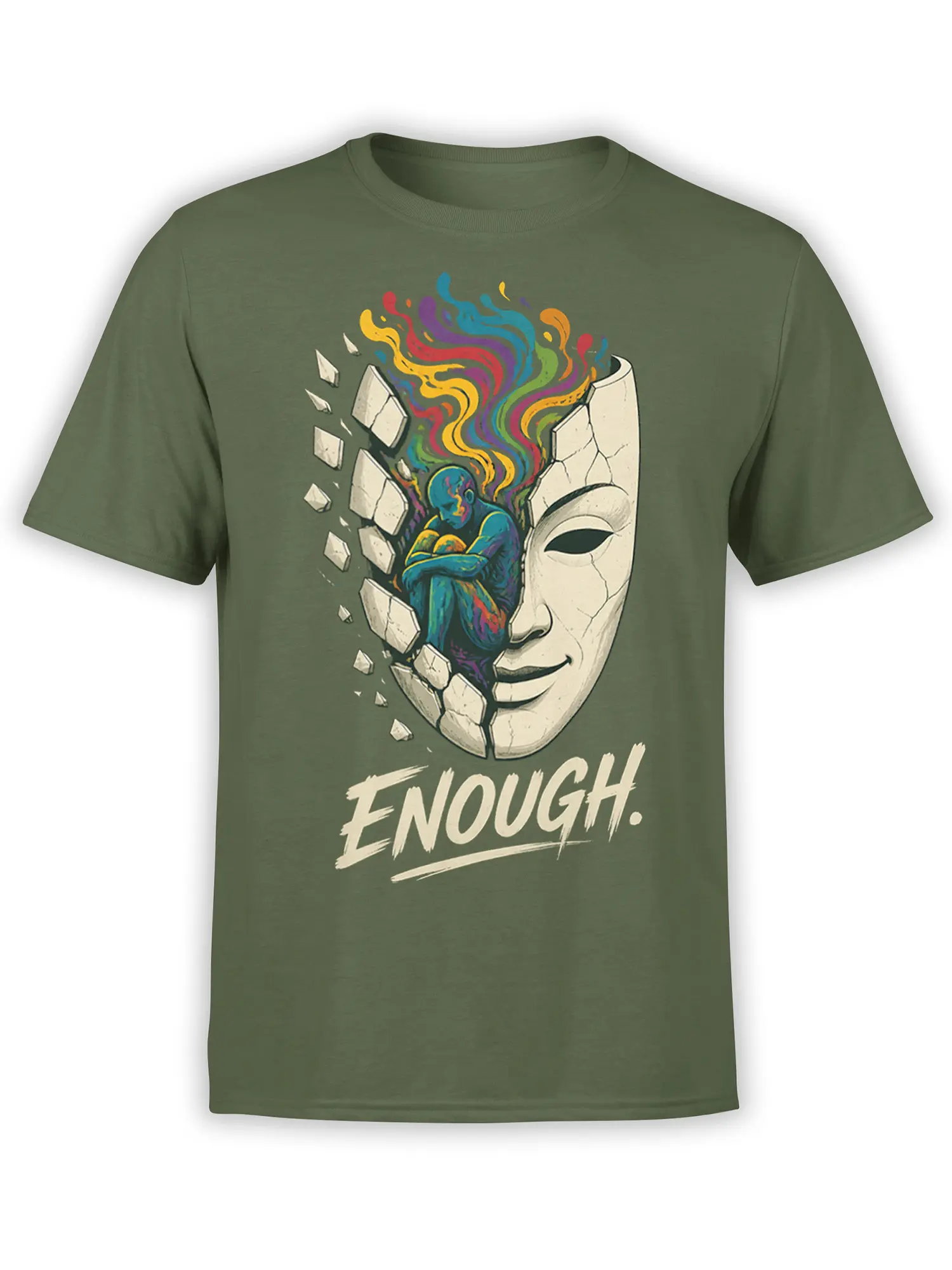 Olive green T-shirt with cracked face, colorful inner figure, and bold ENOUGH artwork
