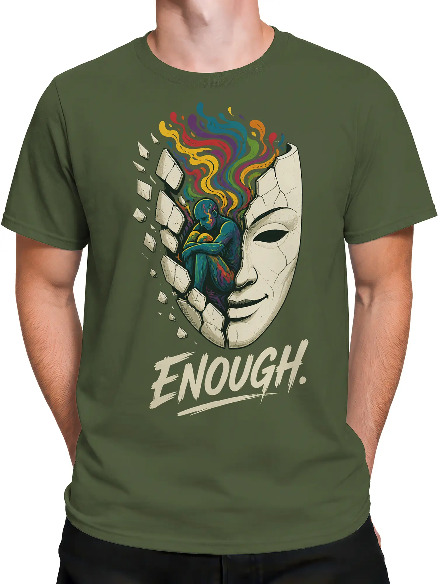 Male torso wearing an olive green T-shirt with colorful cracked face artwork