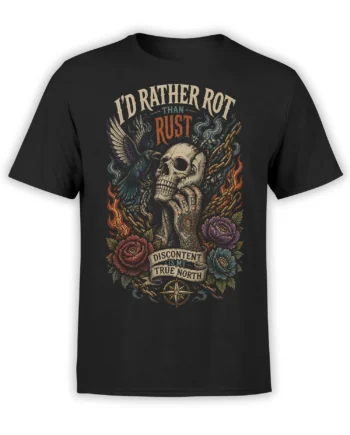 Black skull T-shirt with raven, chains, flames, flowers, compass, and “I’d Rather Rot Than Rust” lettering