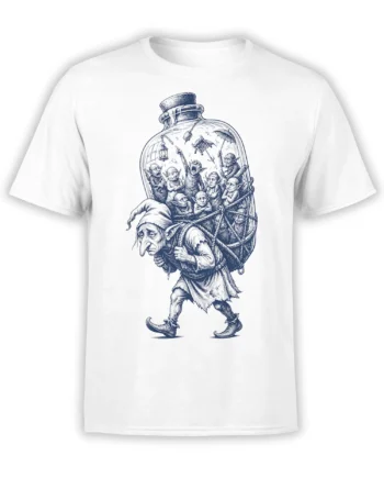 White T-shirt with a blue-gray vintage goblin carrying a bottle filled with tiny goblins