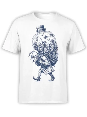 White T-shirt with a blue-gray vintage goblin carrying a bottle filled with tiny goblins