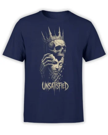 Crowned skull above a cracked portrait and skeletal hand on a navy Unsatisfied graphic T-shirt