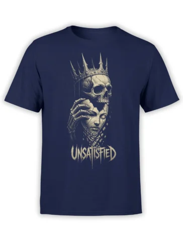 Crowned skull above a cracked portrait and skeletal hand on a navy Unsatisfied graphic T-shirt
