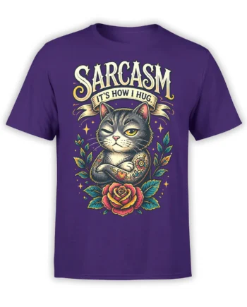 Purple T-shirt with a winking tattooed gray cat, roses, floral branches, and “Sarcasm” banner artwork