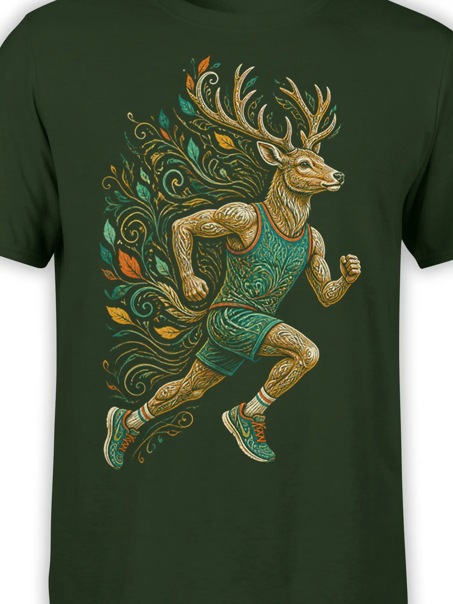 Close-up of the antlered deer runner and ornate teal, gold, and orange botanical artwork