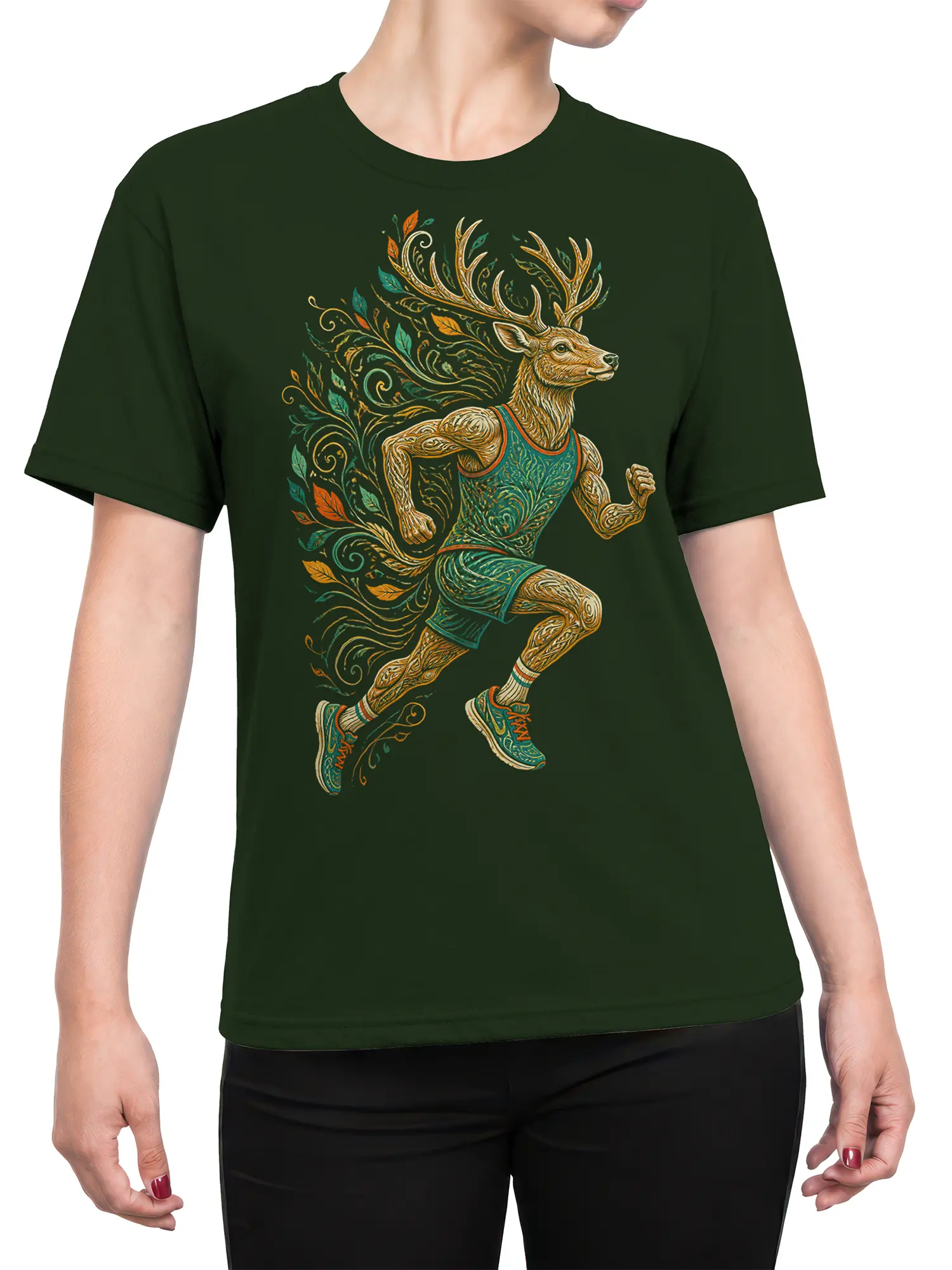Female torso wearing a green T-shirt with an antlered deer runner and botanical artwork