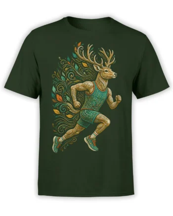 Running antlered deer in a teal outfit with botanical leaves on a green T-shirt