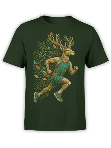 Running antlered deer in a teal outfit with botanical leaves on a green T-shirt