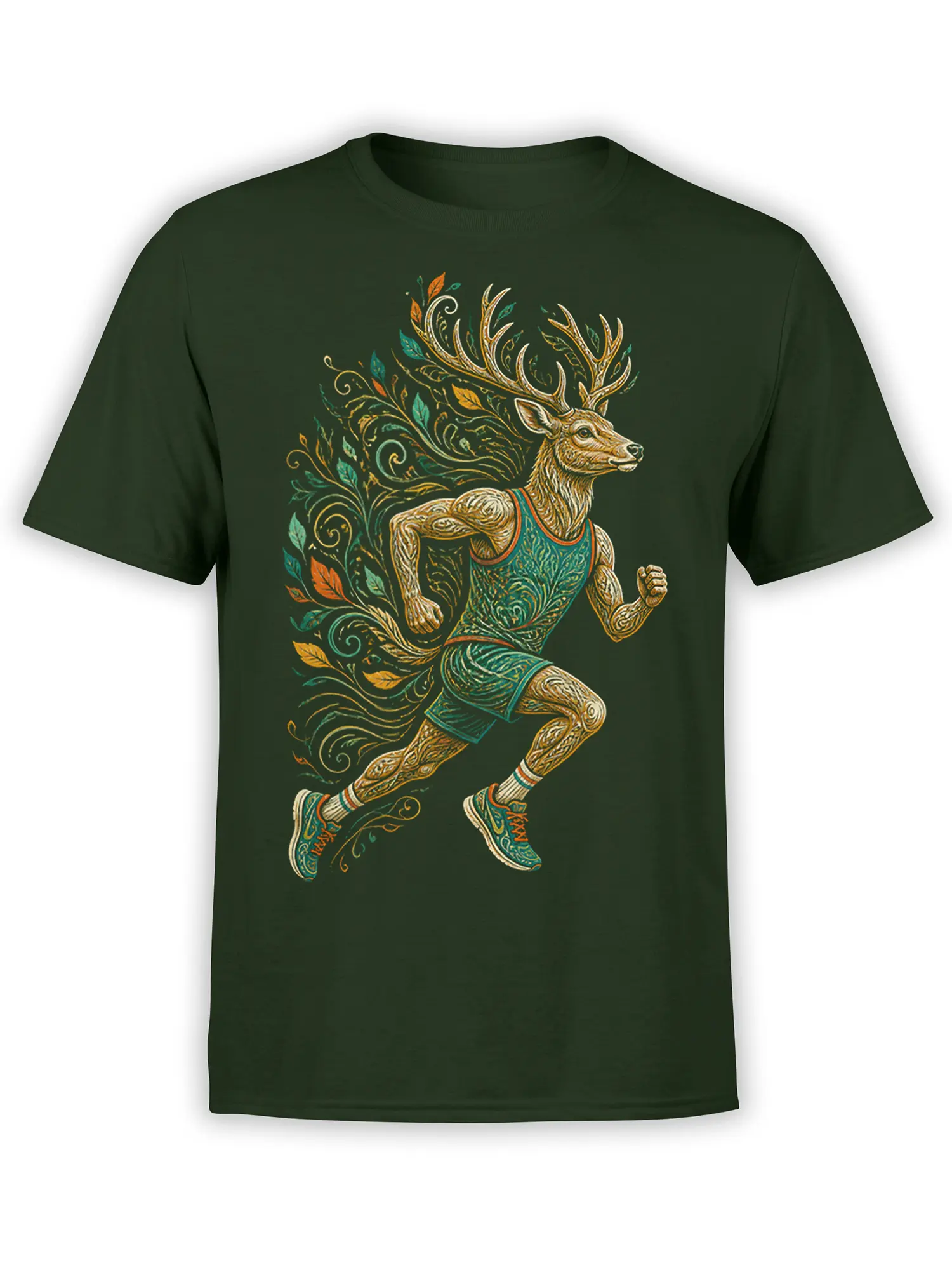 Running antlered deer in a teal outfit with botanical leaves on a green T-shirt