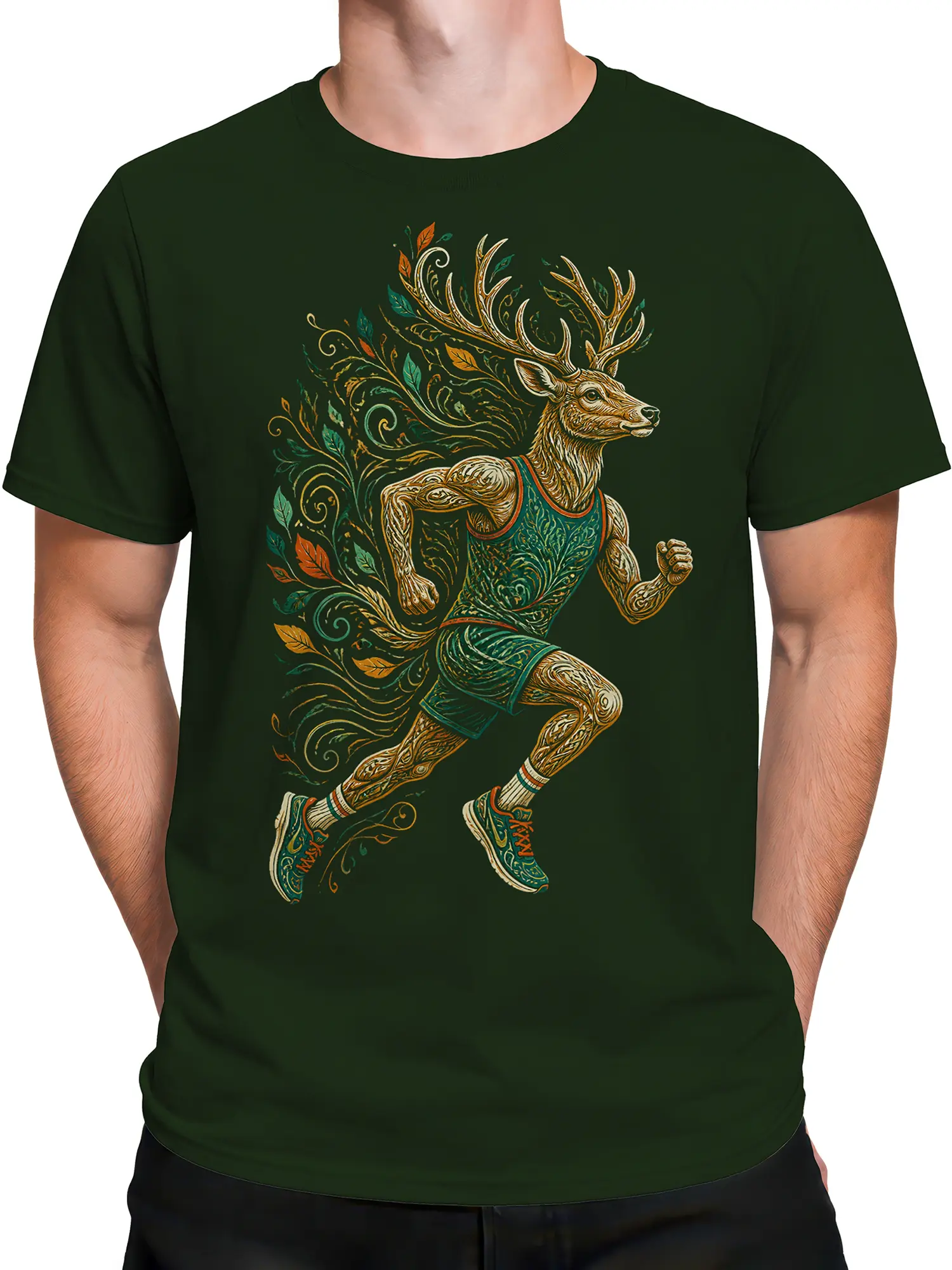 Male torso wearing a green T-shirt with a detailed running deer graphic