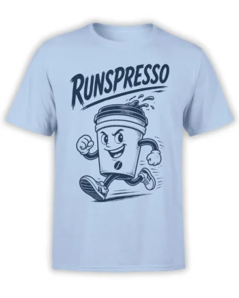 Runspresso coffee T-shirt with a cheerful running takeaway cup and bold dark lettering on light blue fabric