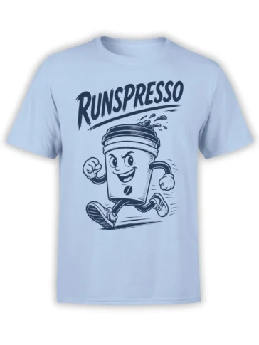 Runspresso coffee T-shirt with a cheerful running takeaway cup and bold dark lettering on light blue fabric