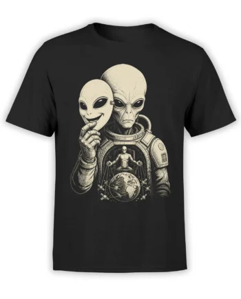 Black alien astronaut T-shirt with two extraterrestrials, Earth, and vintage engraved space artwork