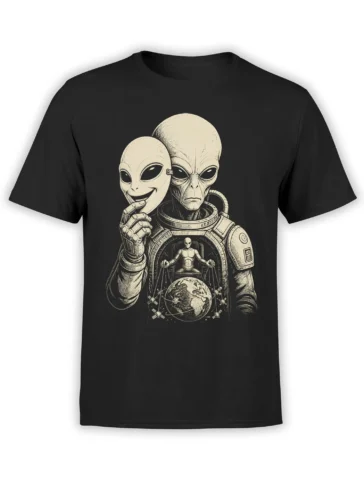 Black alien astronaut T-shirt with two extraterrestrials, Earth, and vintage engraved space artwork