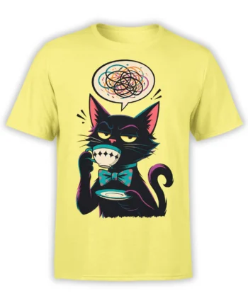 Black cat in bow tie holding a cup and saucer on a bright yellow graphic T-shirt