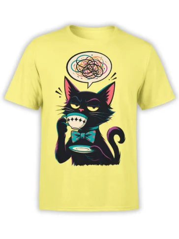 Black cat in bow tie holding a cup and saucer on a bright yellow graphic T-shirt