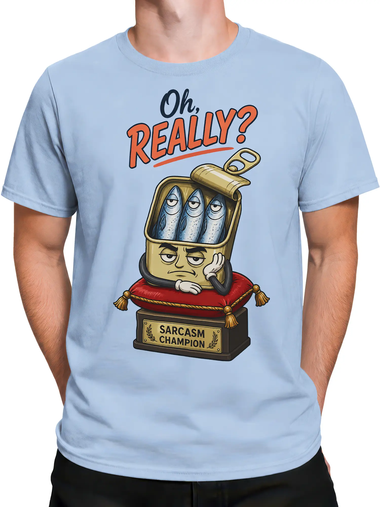 Male torso wearing a light blue fish graphic tee with bored sardines and Sarcasm Champion artwork
