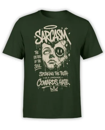 Dark green sarcastic T-shirt with a cracked split face, halo, eye roll, and bold dripping lettering